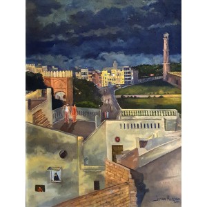 Israr Hussain, Walled City Night Scene, 24 x 32 Inch, Oil on Board, Cityscape Painting, AC-ISHN-006